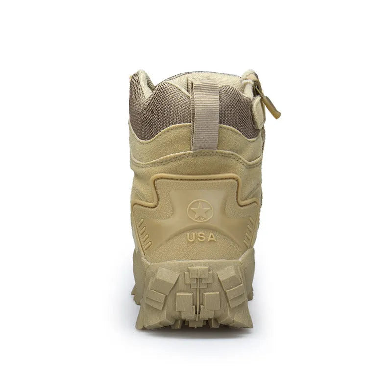 Men's black US Army Delta style tactical boots with a rugged rubber sole, shown on a hiking trail.