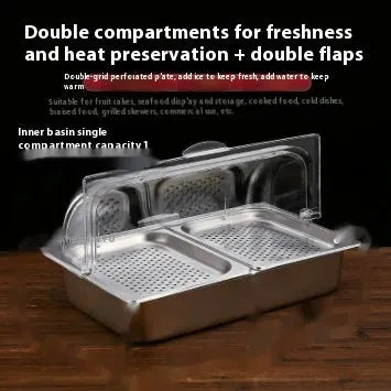 Stainless steel commercial dining plate display box with a removable lid and multiple inner compartments.