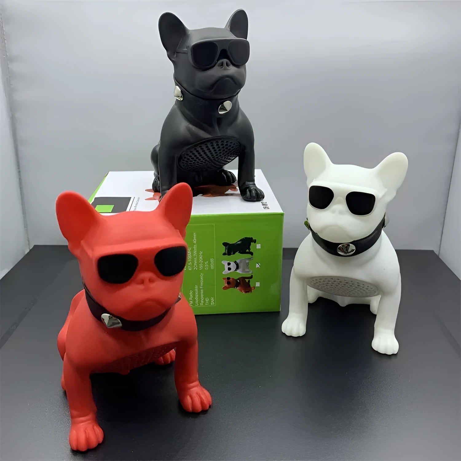 Mini bulldog-shaped Bluetooth speaker in black colour showing front design detail
