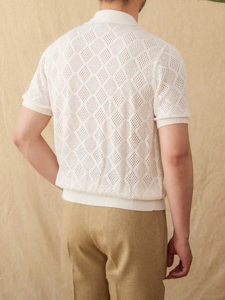 Cotton zipper cardigan top with lapel collar and short sleeves in light brown colour