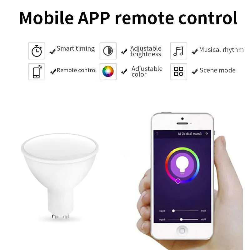 Smart GU10 LED spotlight bulb with RGBCCT lighting and Wi-Fi connectivity for voice control