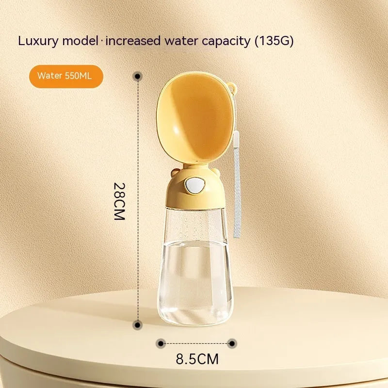Portable dog water bottle and food container in yellow, pink, and brown colour options.