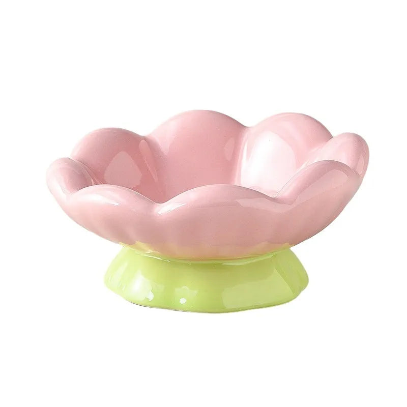Ceramic Raised Cat Bowl Shallow Wide Flower Design Anti-Vomiting And Whisker Fatigue Non-Slip Tilted 15-Degree Angle Cute Cat Food And Water Bowls For Indoor Cats Pink