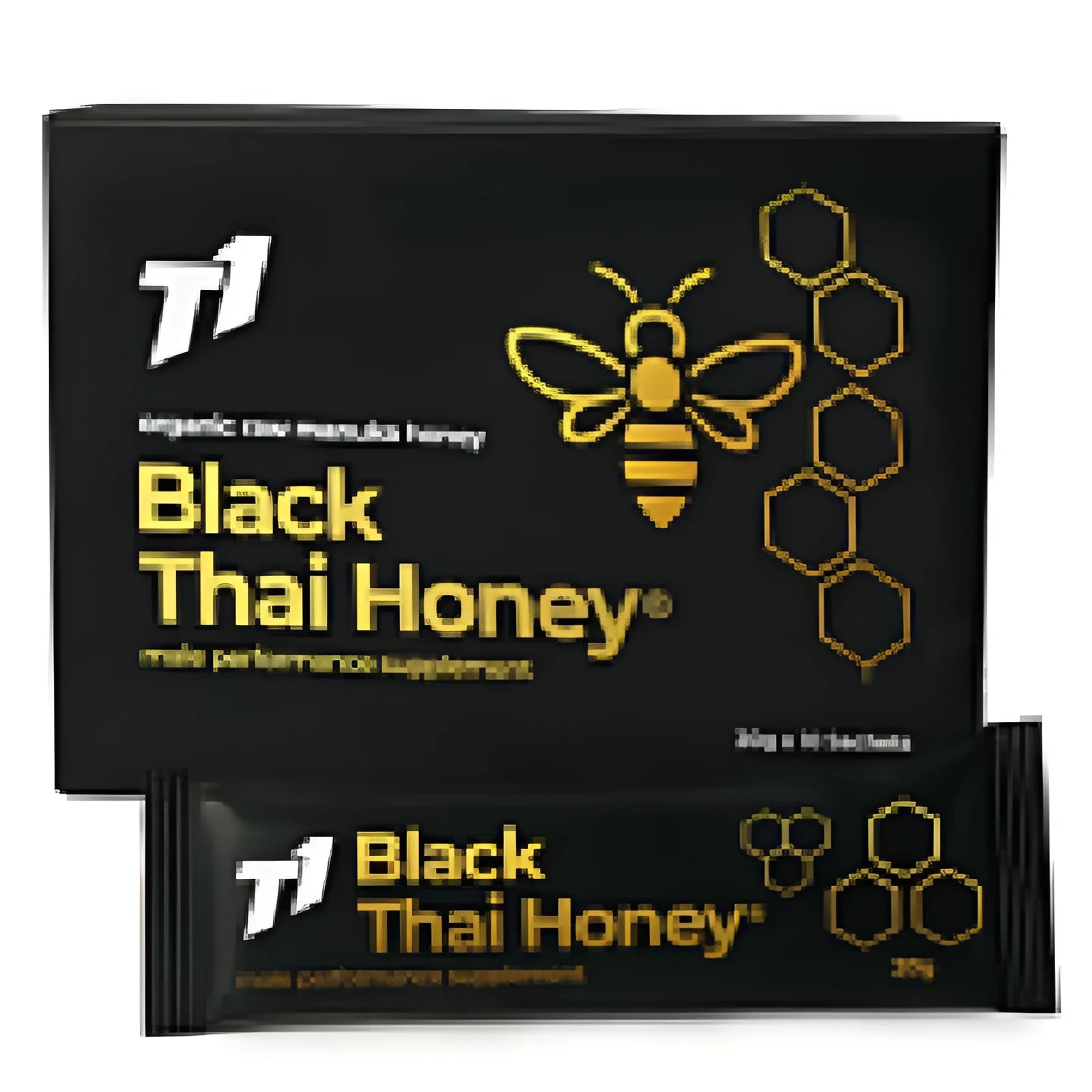 Jar of T1 Black Thai Honey with dark colour visible through glass