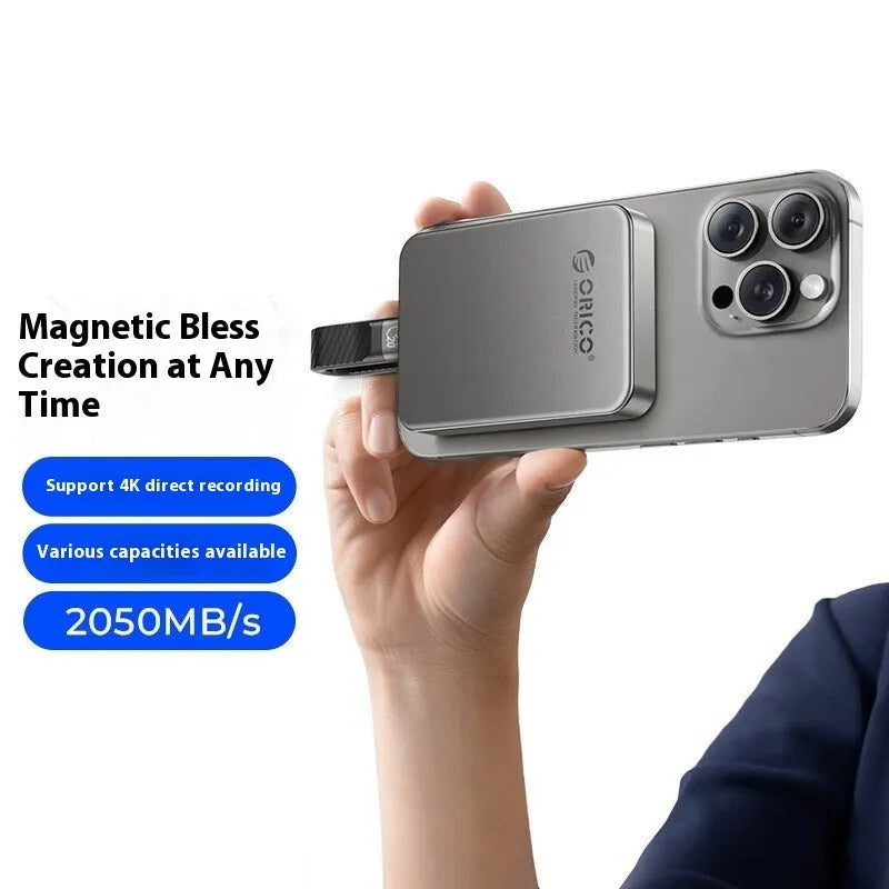 Grey magnetic mobile solid state drive with ultra-thin design showing dimensions and included accessories