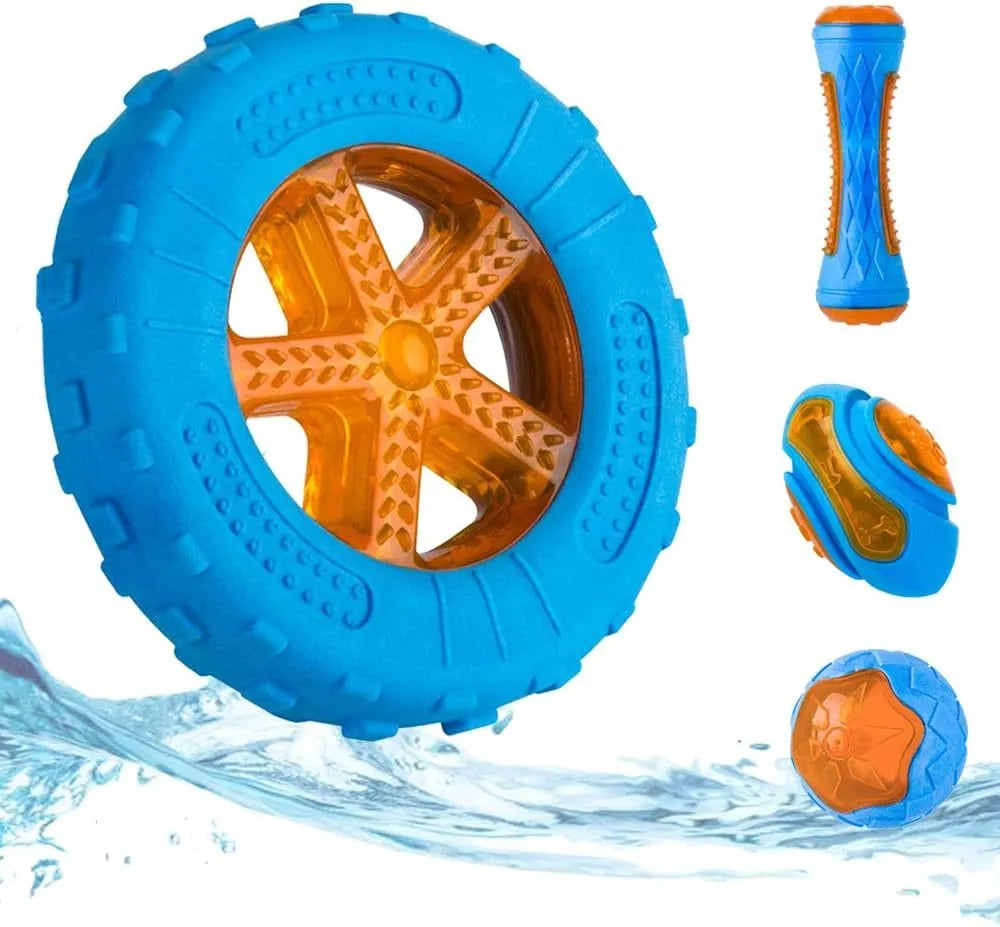 Set of three floating TPR dog toys: a squeaky ball, barbell, and tyre for water fetch.