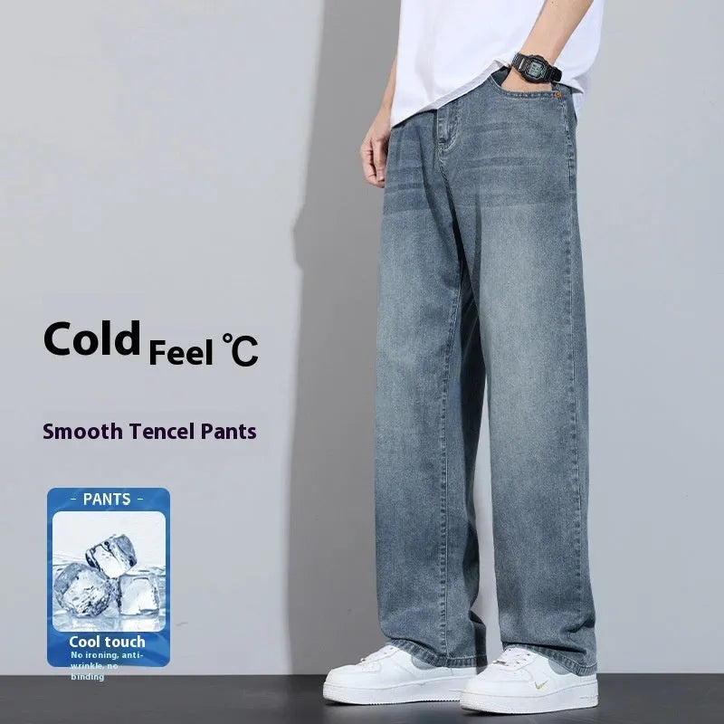 Man wearing straight-leg light blue denim casual trousers for leisure