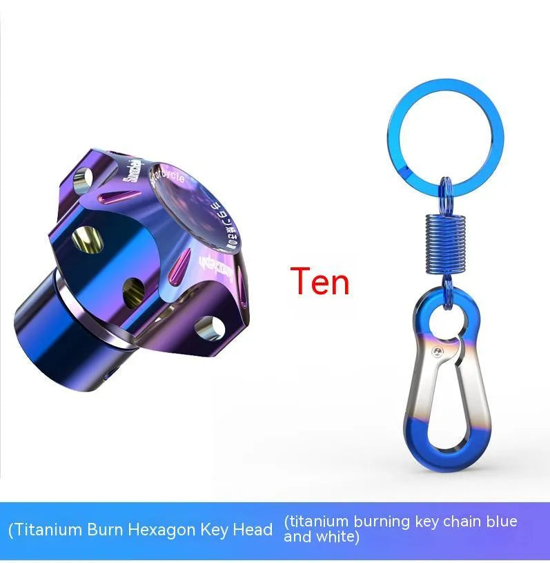 T6 aluminium motorcycle key head cover in hexagonal, pentagram, and plum blossom designs.