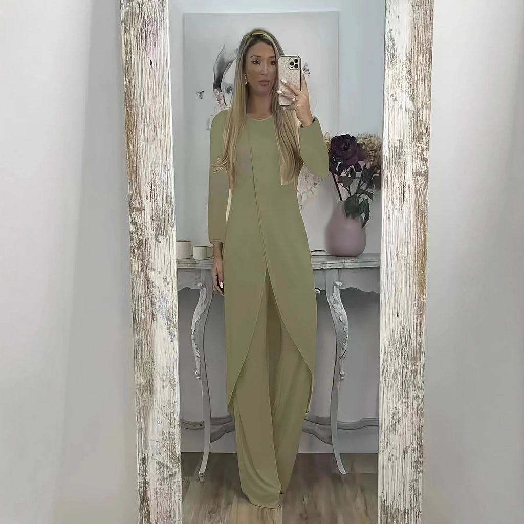 Casual loose-fitting long sleeve top and trousers lounge set in polyester.