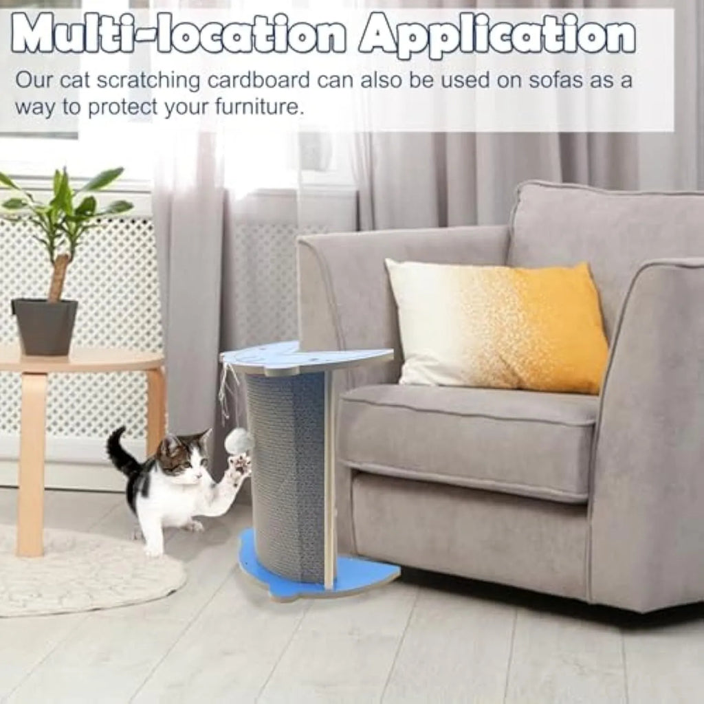 Grey cardboard corner cat scratcher with hanging ball mounted in a room corner.