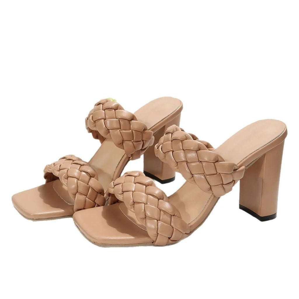 Square toe flip-flops with chunky rubber heel and woven twisted apricot straps.