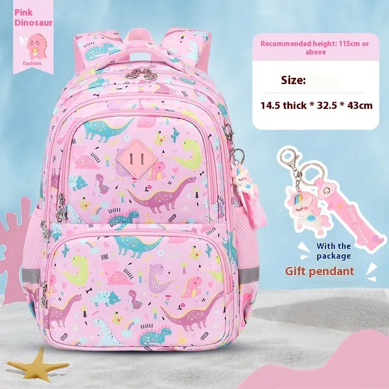 Blue dinosaur pattern children's waterproof school backpack with curved straps on a white background.