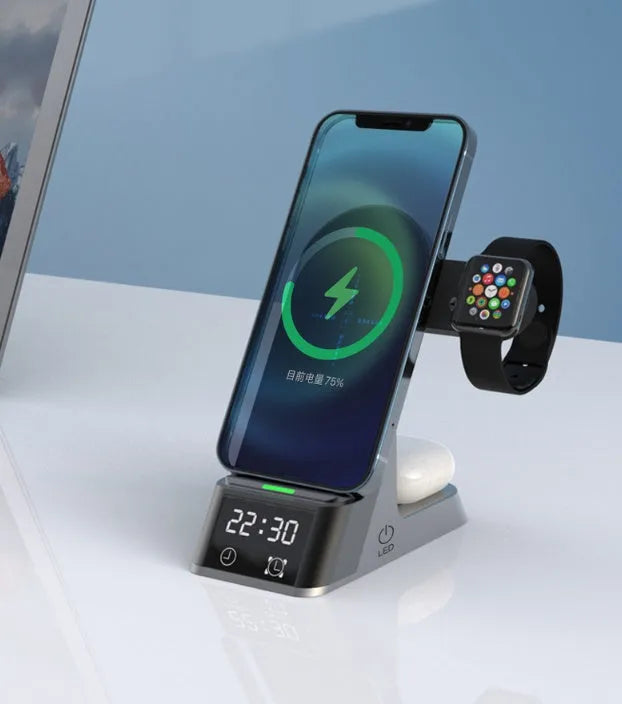 Black six-function wireless charging alarm clock with phone, watch and earphone charging outputs