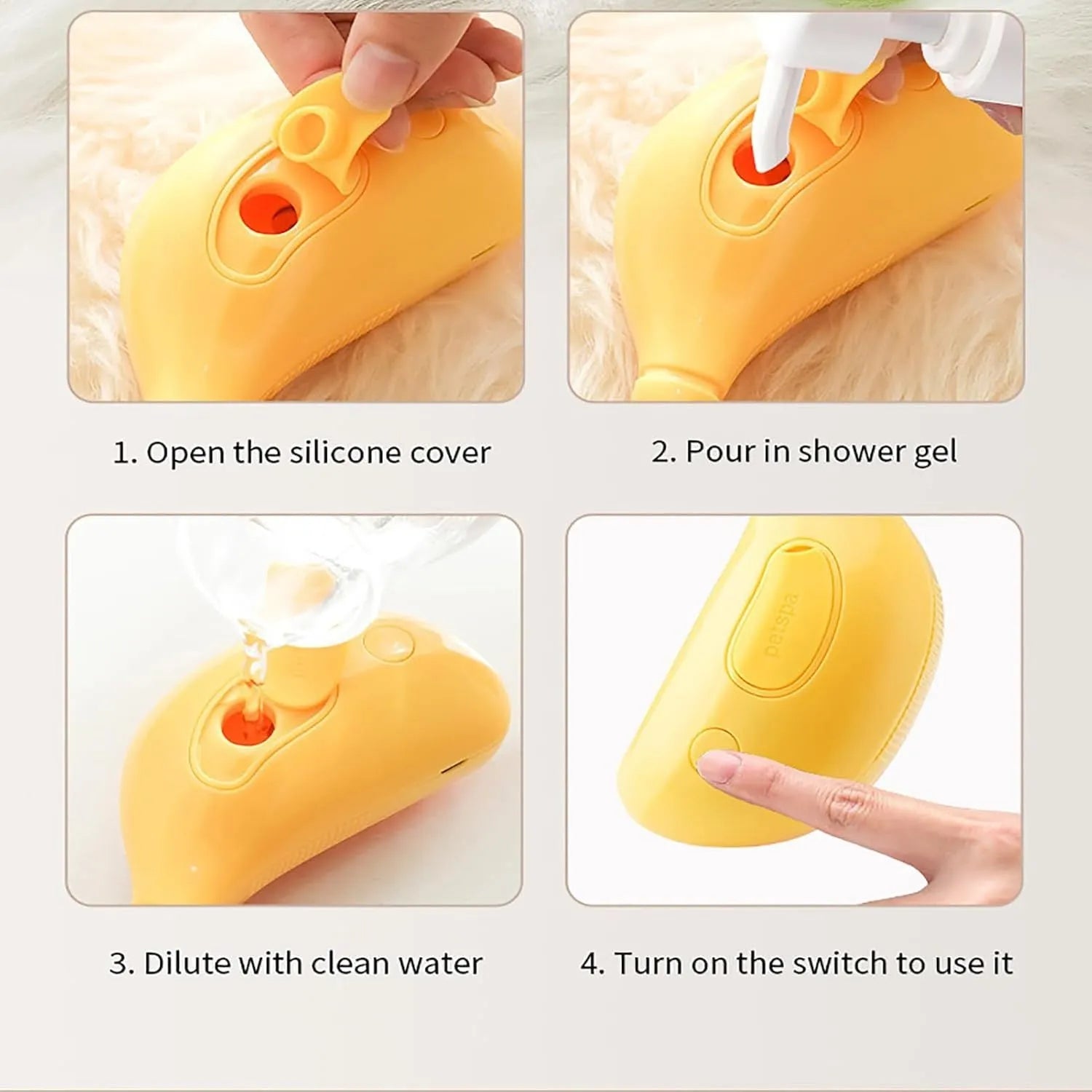 Green or yellow Cat Steam Brush with round teeth and cat paw-shaped ends for pet grooming
