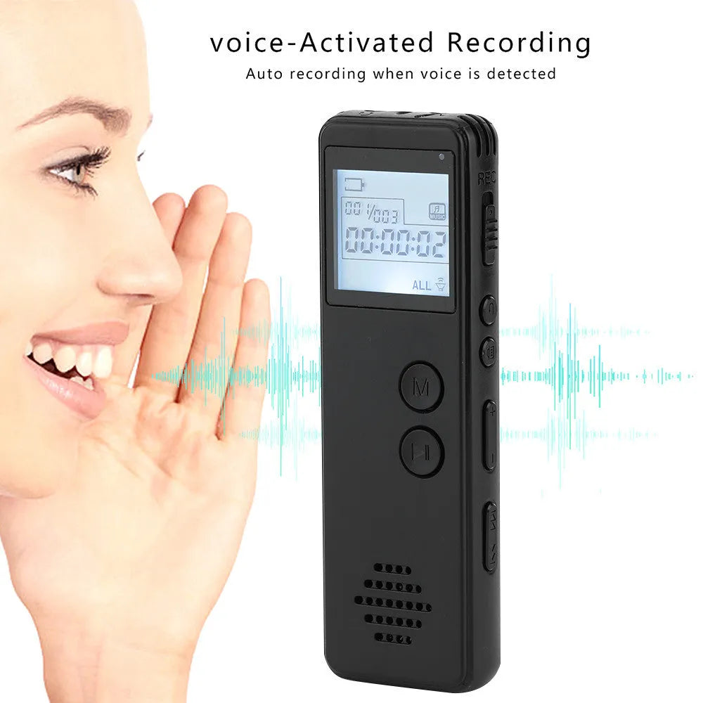 Black MP3 digital voice recorder with display screen measuring 88mm × 33mm × 12.5mm