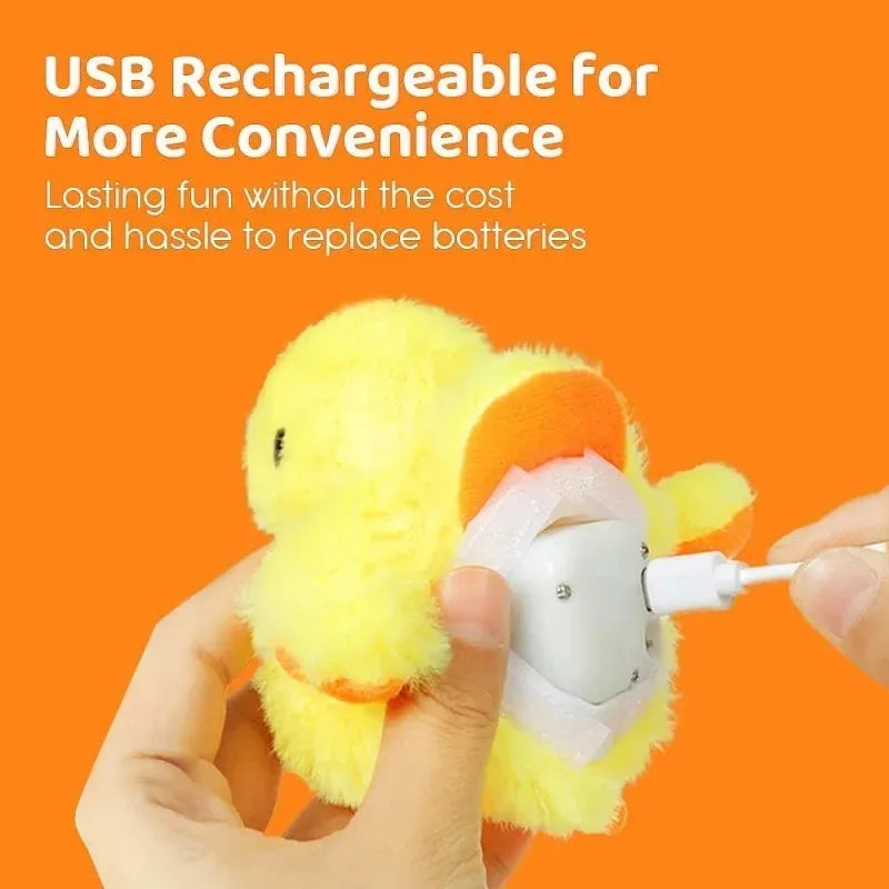 Yellow flapping duck interactive cat toy with vibration sensor and catnip on white background
