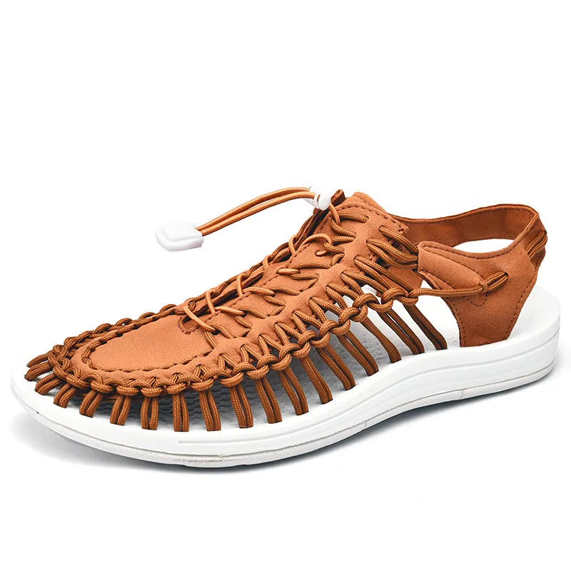 Woven drawstring tie Roman sandals in rainbow colour with elastic closure and rubber sole