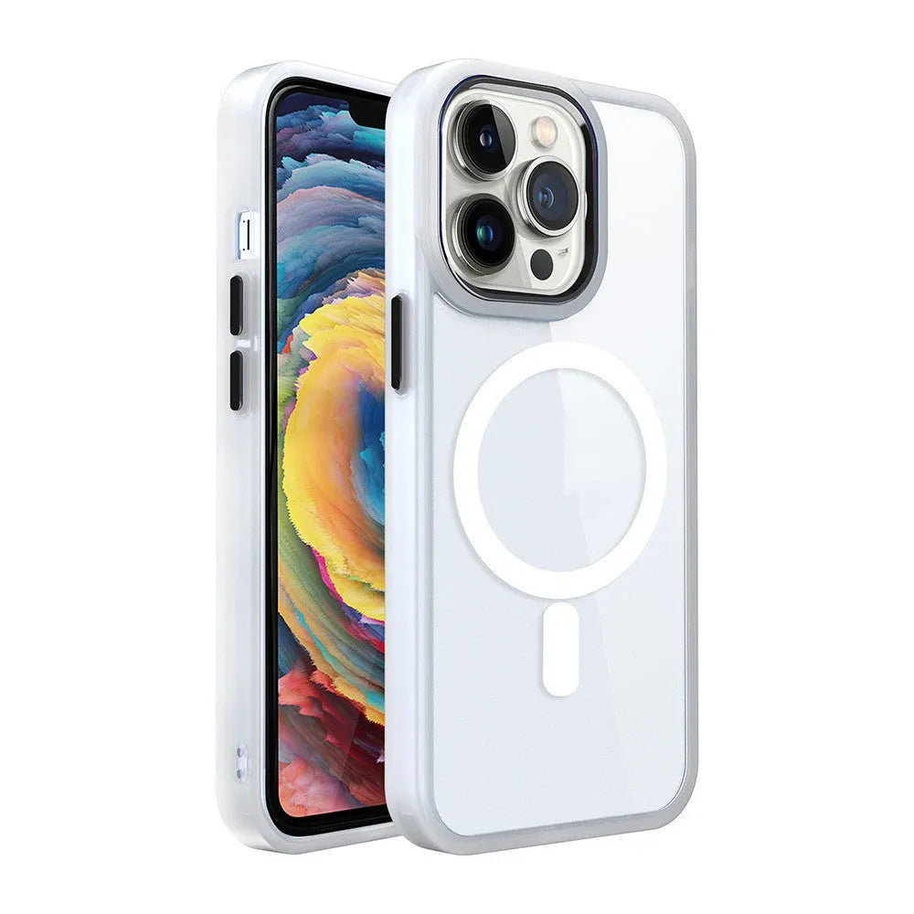 Magnetic transparent silicone phone case for iPhone in solid colours like black, blue, green, pink, and red.