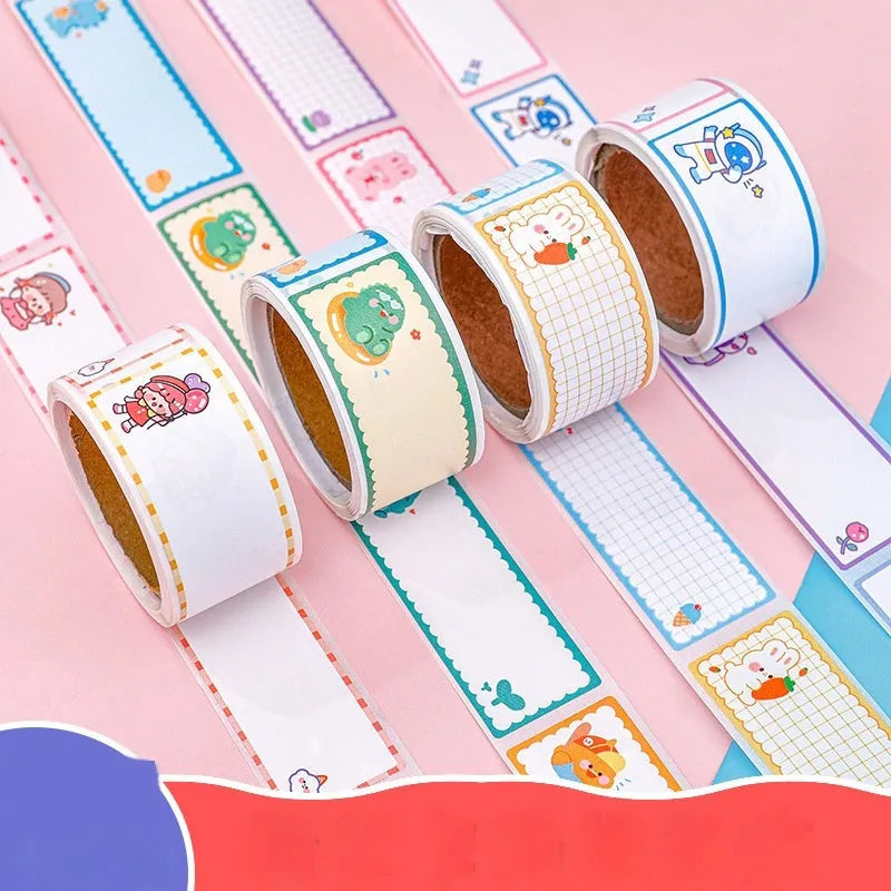 Roll of colourful cartoon name tape stickers for student organisation in dinosaur, astronaut, rabbit, or girl designs