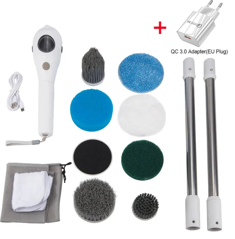White rechargeable handheld cleaning brush with USB cable on a plain background