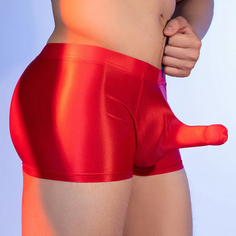 Men's elephant nose design boxer shorts in red with seamless nylon construction and mid waist fit