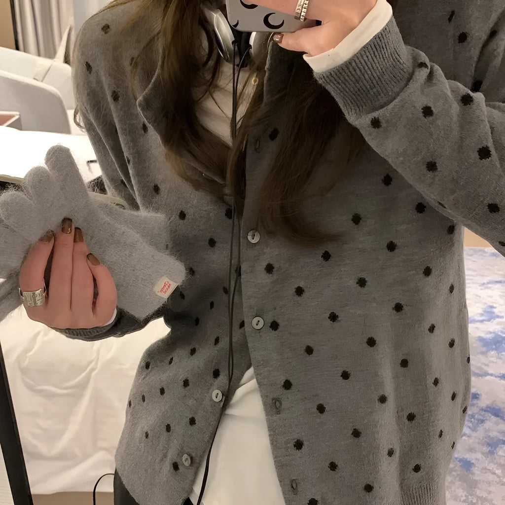 Women's grey dot knit viscose cardigan with crocheted flower details and long sleeves