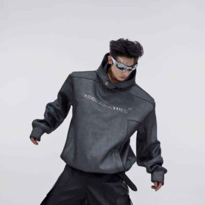 Men's loose fit hooded sweater with heavy shoulder pads and 3D printed design in red