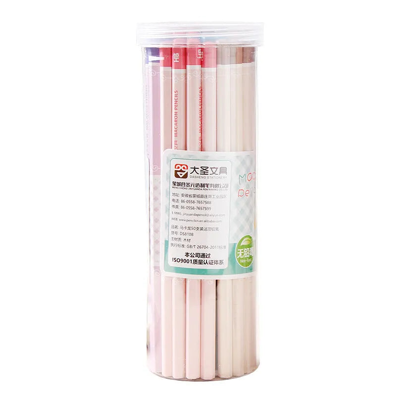 Pack of 50 hexagonal basswood pencils with HB graphite leads for drafting and writing.