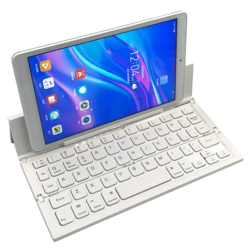 Black and white folding Bluetooth keyboard for tablets with aluminium bottom