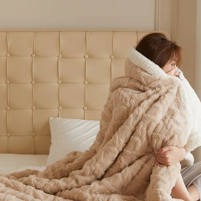Thermal flannel polyester blanket in tea green colour showing modern simple design