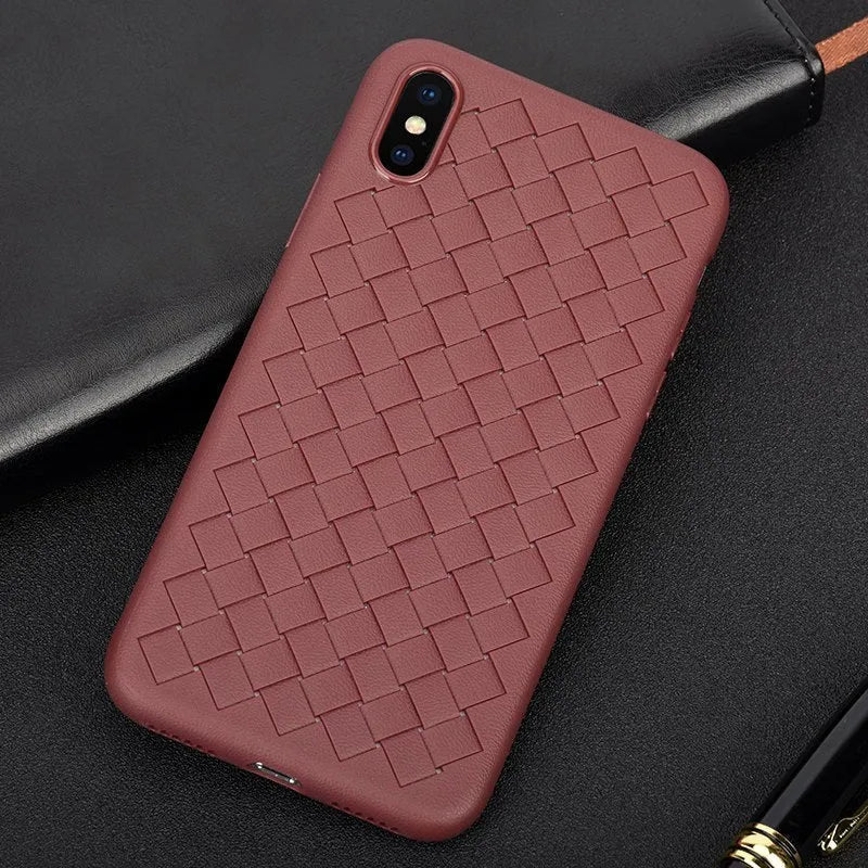 Luxury grid weave pattern TPU phone case for iPhone models in various colours showing raised edges and precise cutouts.