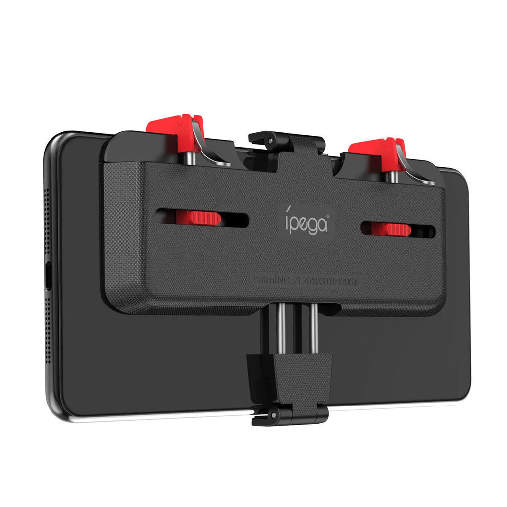 Black mobile phone gaming trigger bracket with adjustable sliding trigger and telescopic phone clip