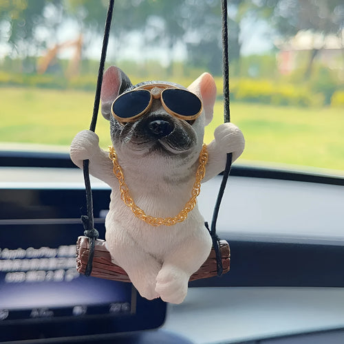 Resin bulldog car pendant hanging ornament in cartoon style for rearview mirror.