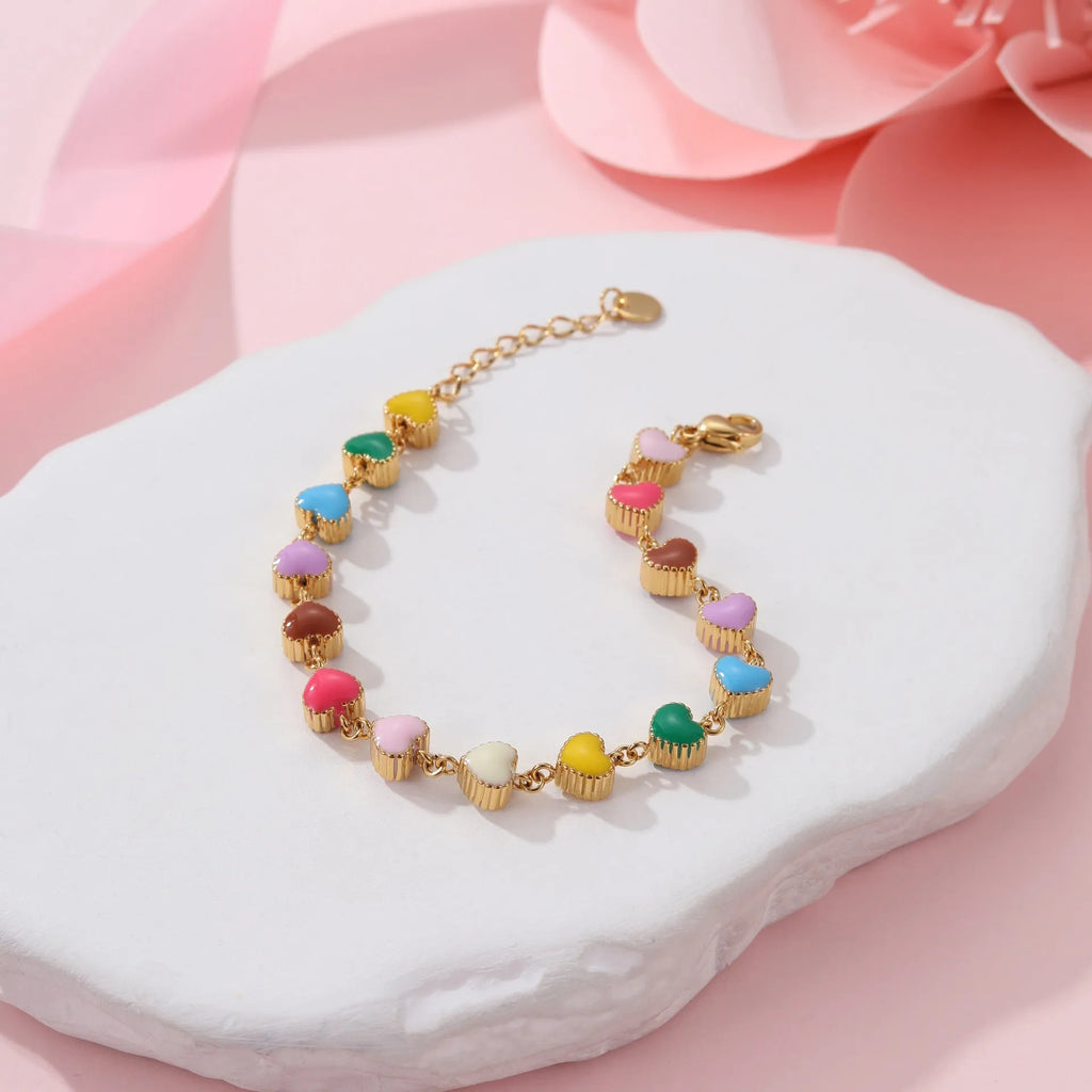 Love heart-shaped colourful oil necklace bracelet in stainless steel with gold electroplated finish