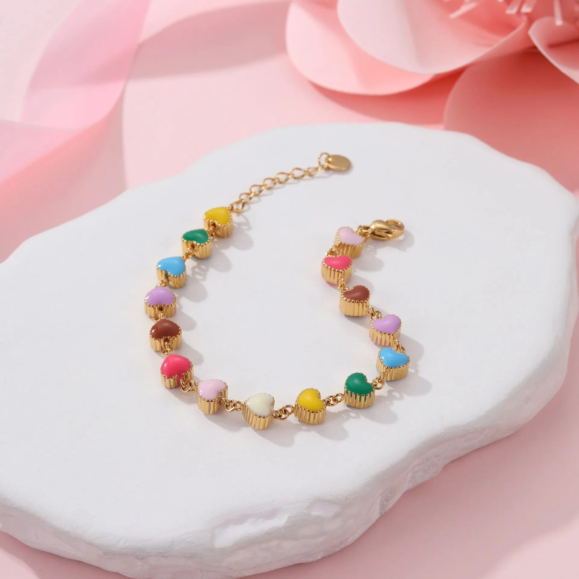Love heart-shaped colourful oil necklace bracelet in stainless steel with gold electroplated finish