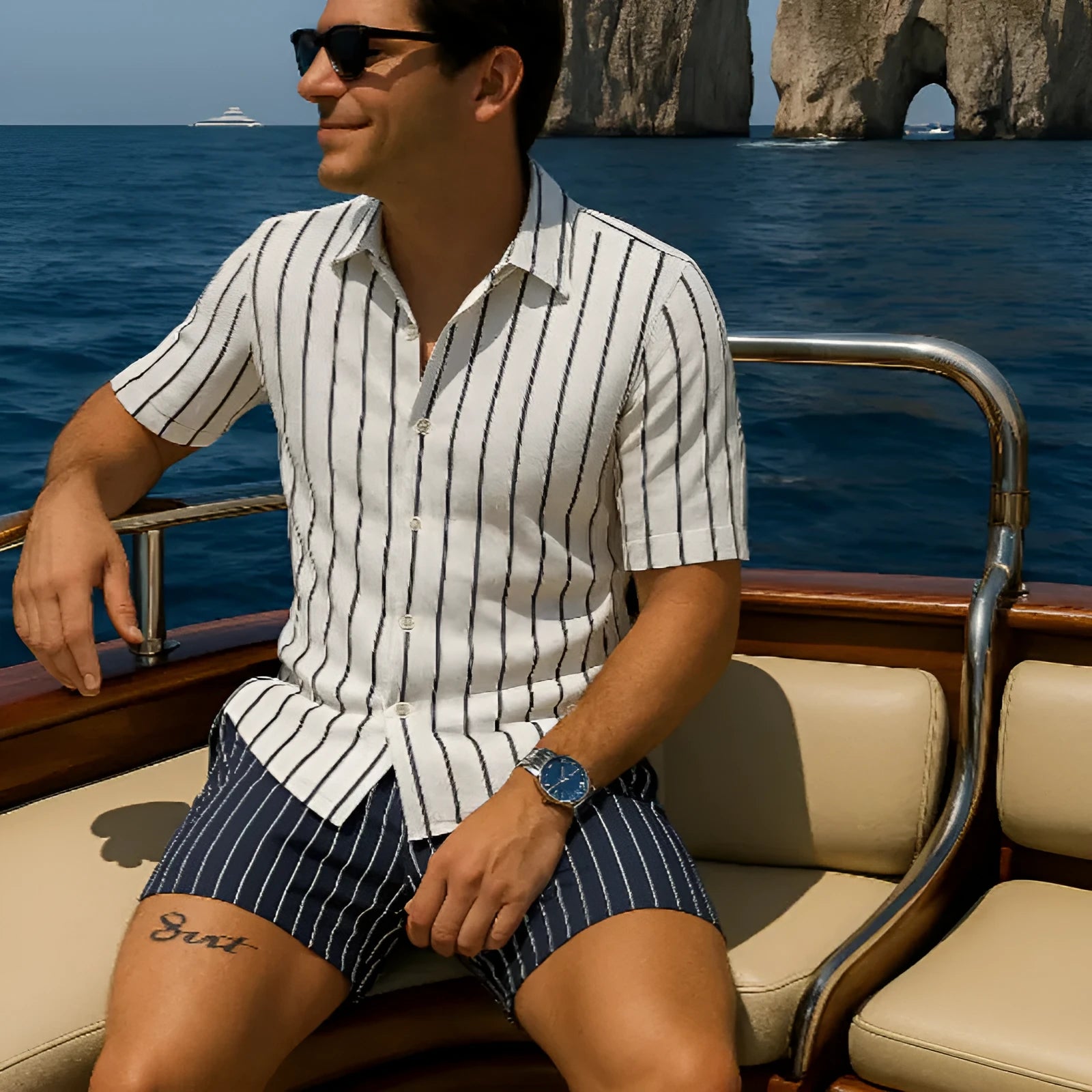 Men's light blue beach shirt and matching shorts set laid flat
