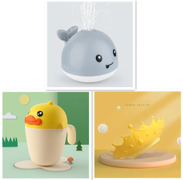White and blue whale-shaped bath toy with water spray and LED lights floating in water