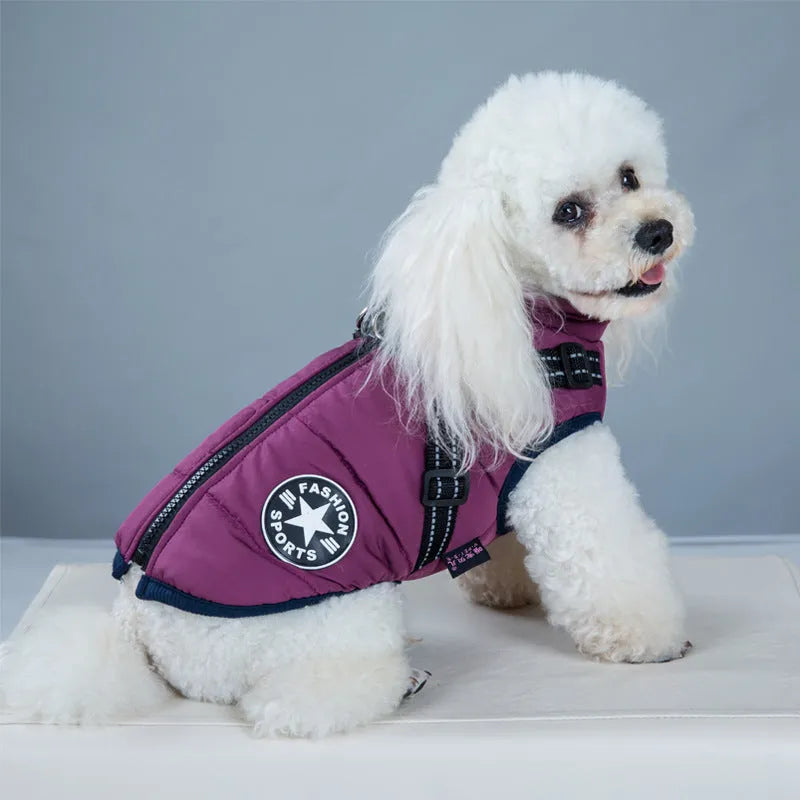 Waterproof dog coat with integrated harness in rain silk fabric available in red, navy blue, and army green colours