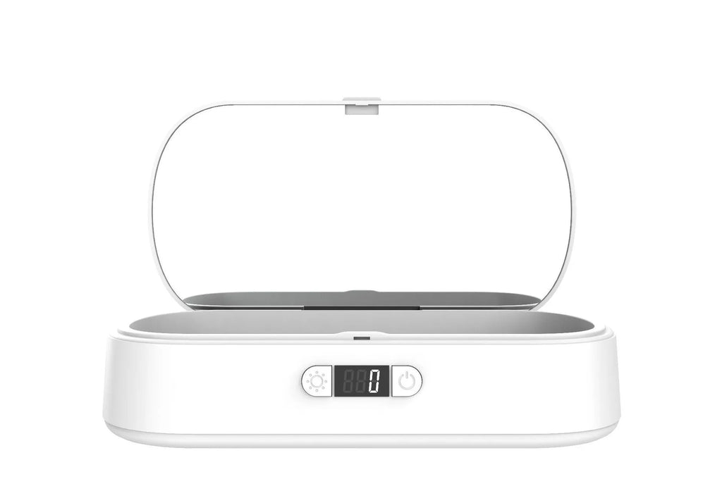 White ABS wireless UV steriliser box for phones and jewellery with USB cable.