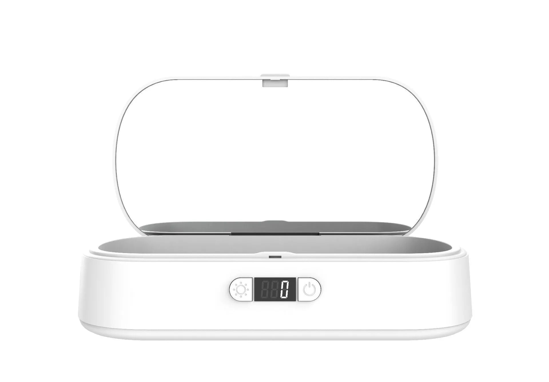 White ABS wireless UV steriliser box for phones and jewellery with USB cable.