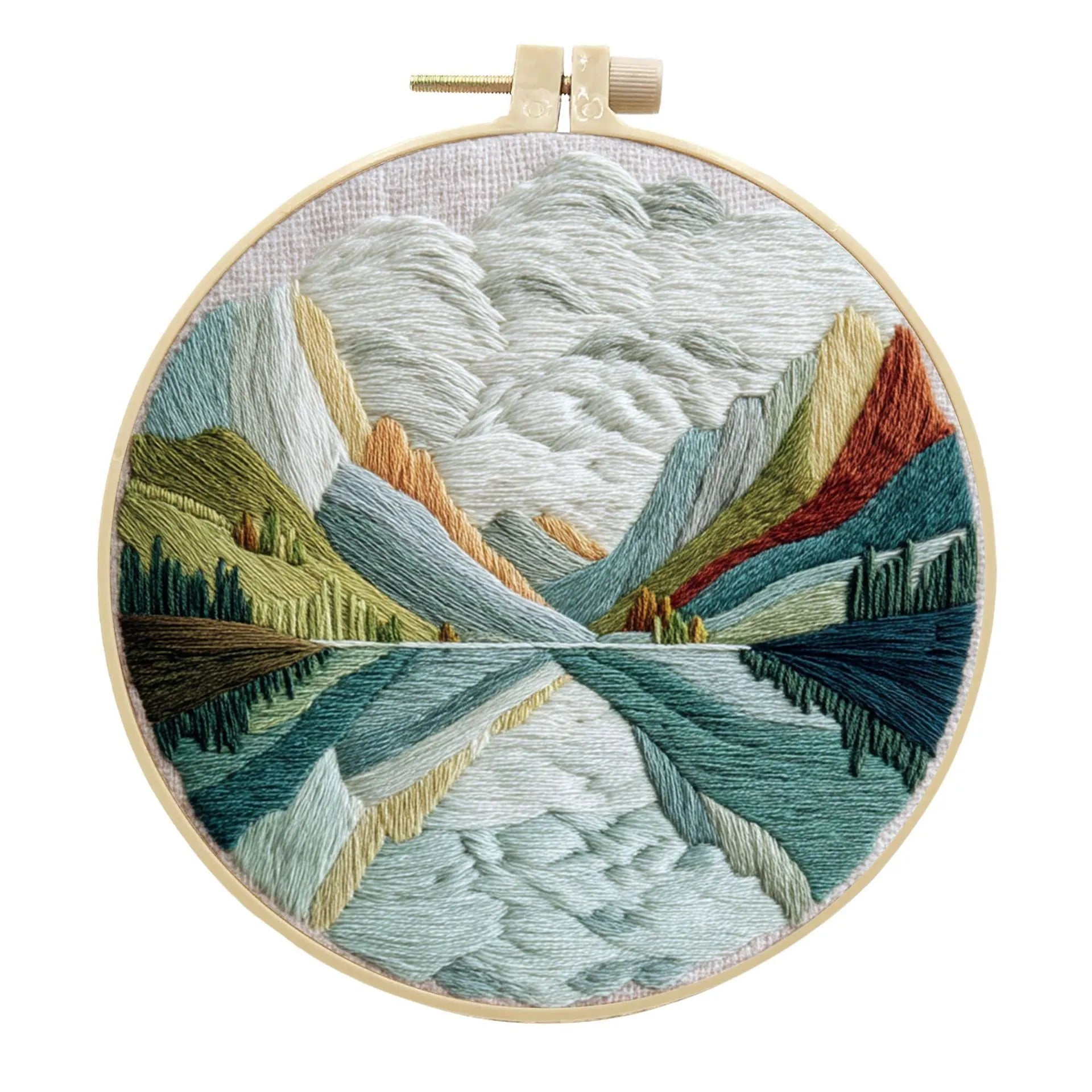 Landscape embroidery DIY kit with cotton linen fabric, 15cm imitation bamboo frame, and embroidery tools