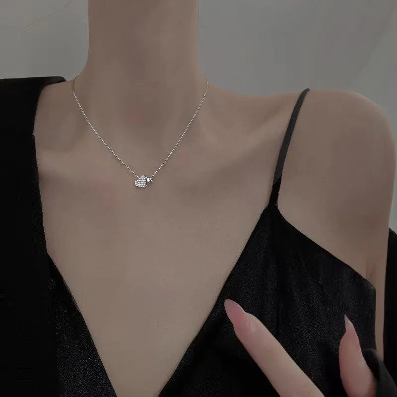 Double love geometric copper pendant necklace on clavicle chain, white gold finish