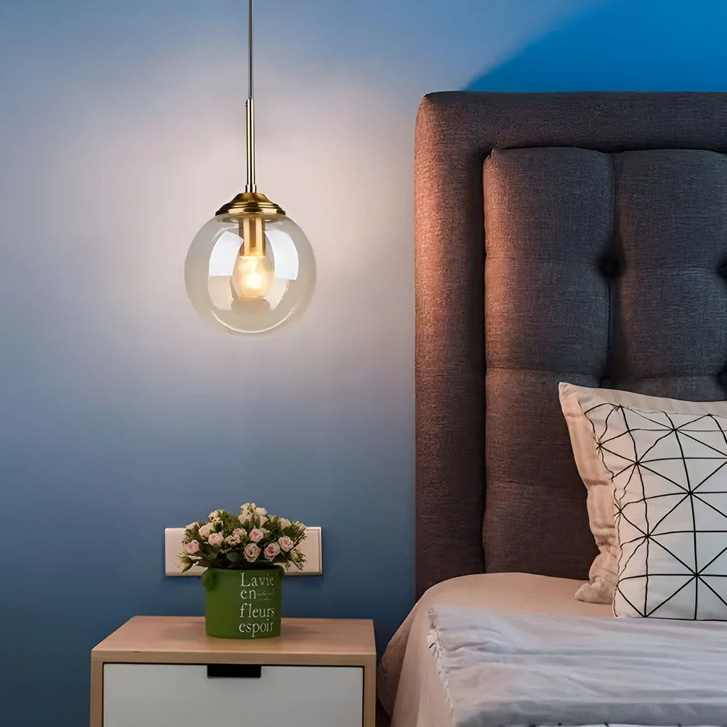 Nordic style modern round glass ball chandelier in clear, amber, smoke grey or platinum glass for living and dining rooms