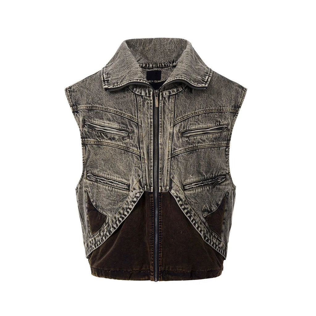 Men's sleeveless denim vest jacket with zipper closure in youth pop style