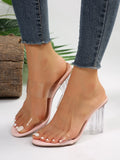Square head transparent wine glass heel slippers for women in apricot PU upper and rubber sole