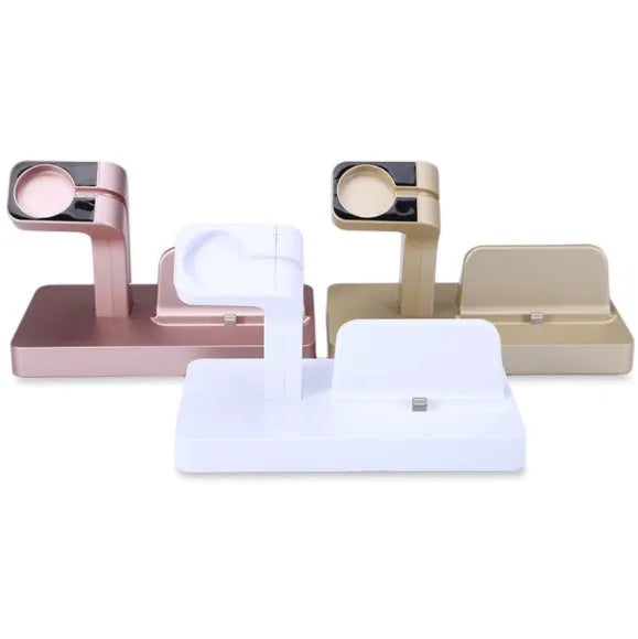 White 2-in-1 charging dock station holding iPhone and Apple Watch with cable management cutout