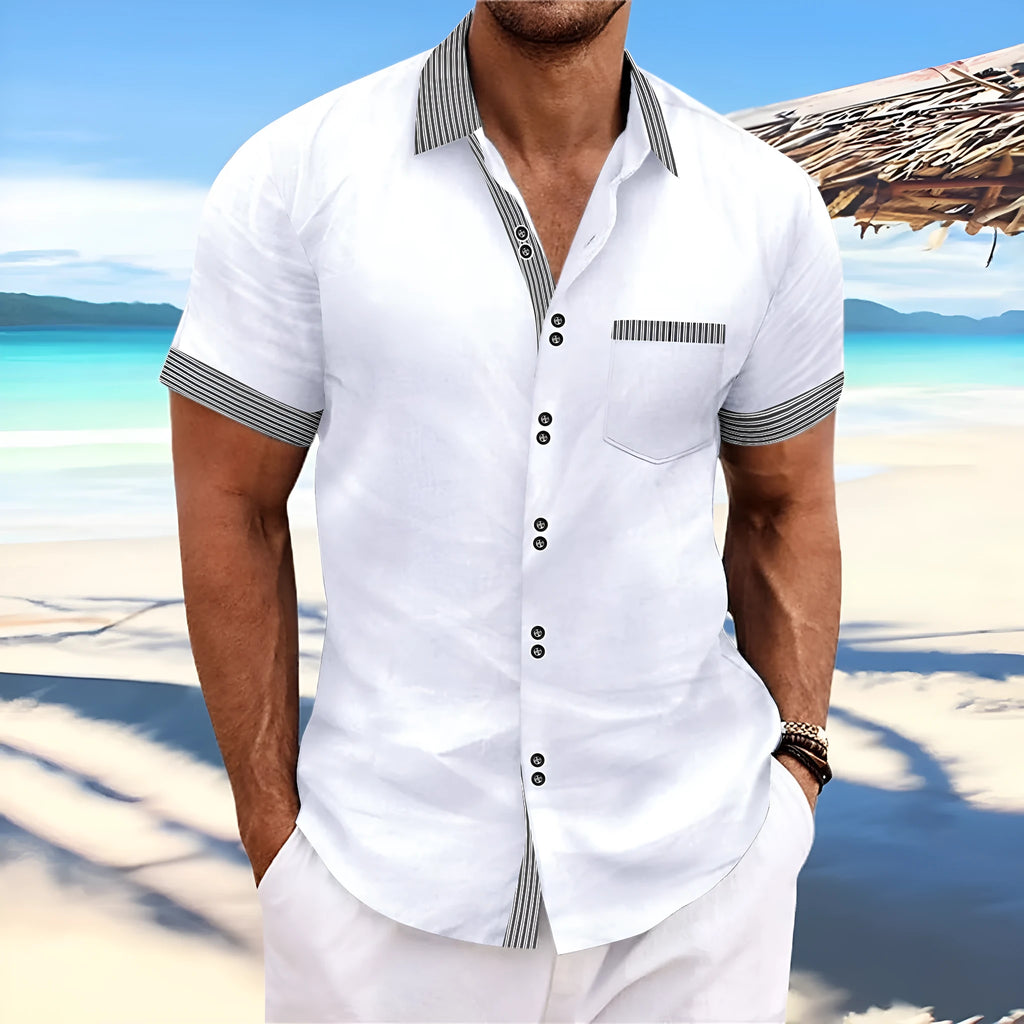 Pure cotton slim fit striped short sleeve casual shirt with double button front