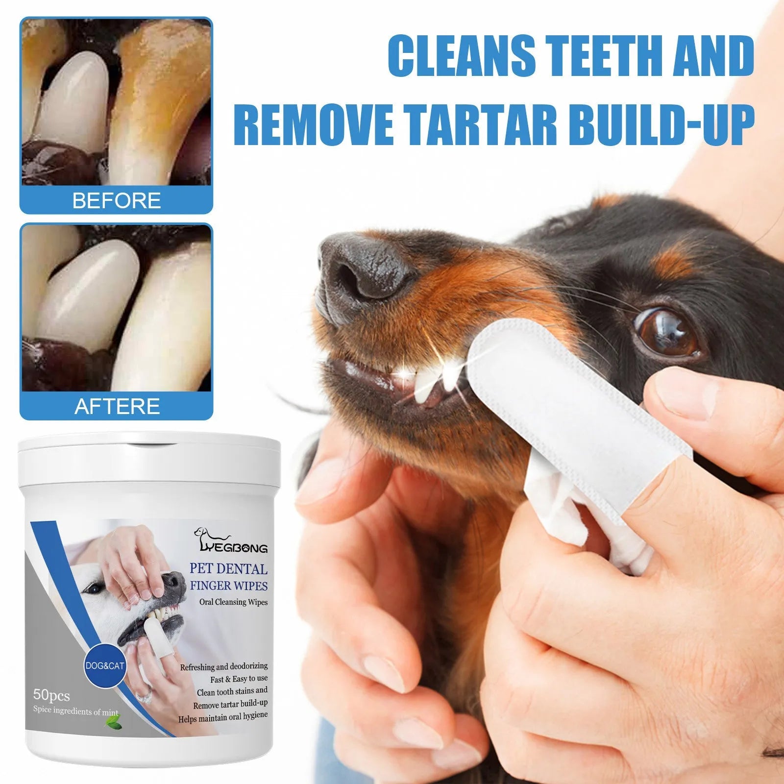 Can of 50 dog teeth cleaning finger wipes with finger stall for oral care
