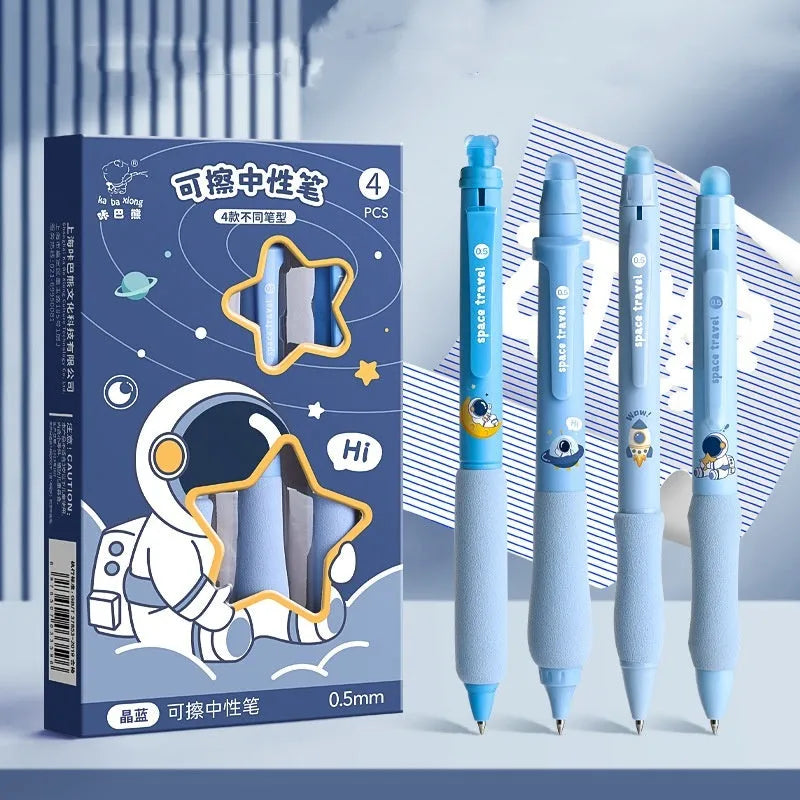 Erasable cartoon-themed press gel pen with 0.5mm fine tip in black and crystal blue ink options.