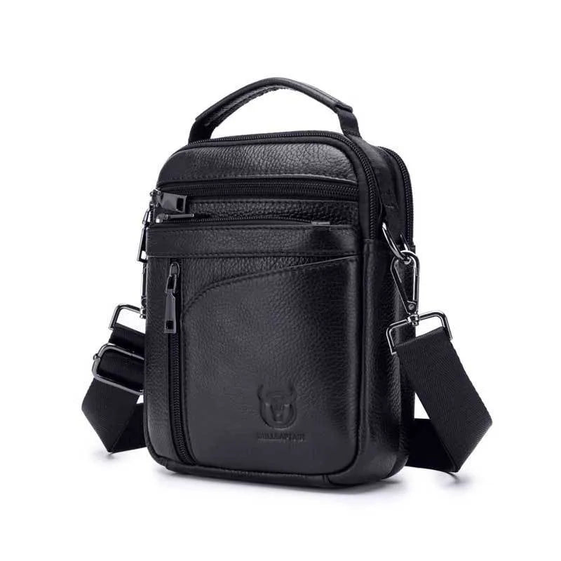 Black genuine leather mens shoulder messenger bag with European retro styling